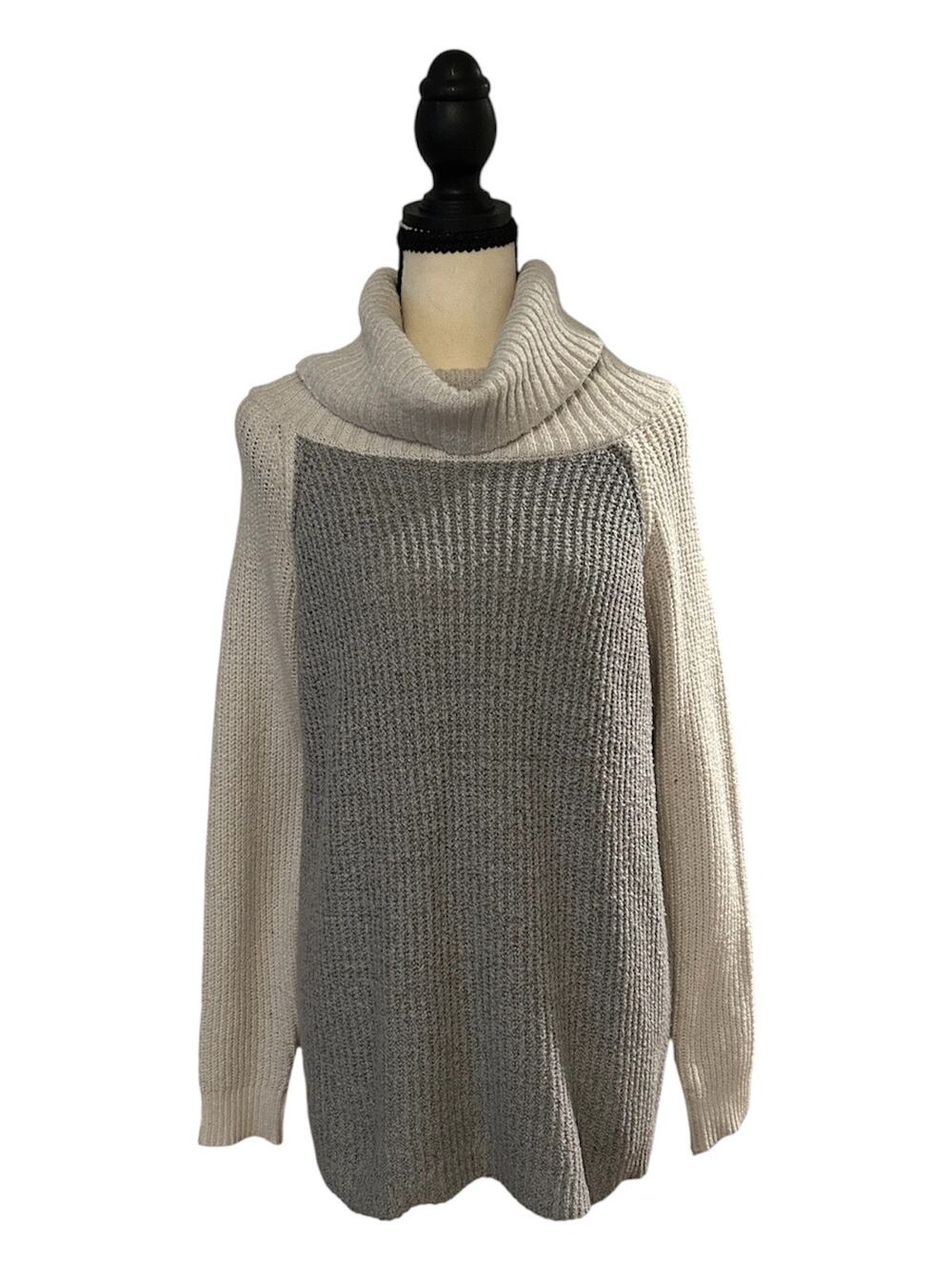 Staccato L Gray Cream Color Block Cowl Neck Chunky Knit Sweater Tunic